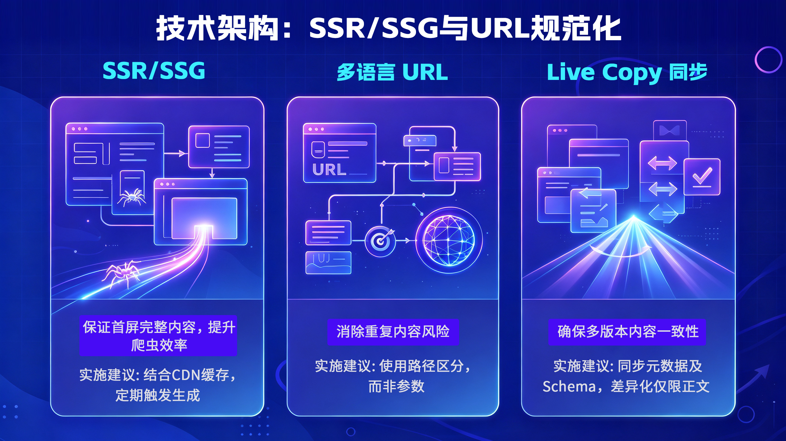 Technical diagram showing SSR/SSG, multilingual URL, and live copy sync strategies for web optimization.