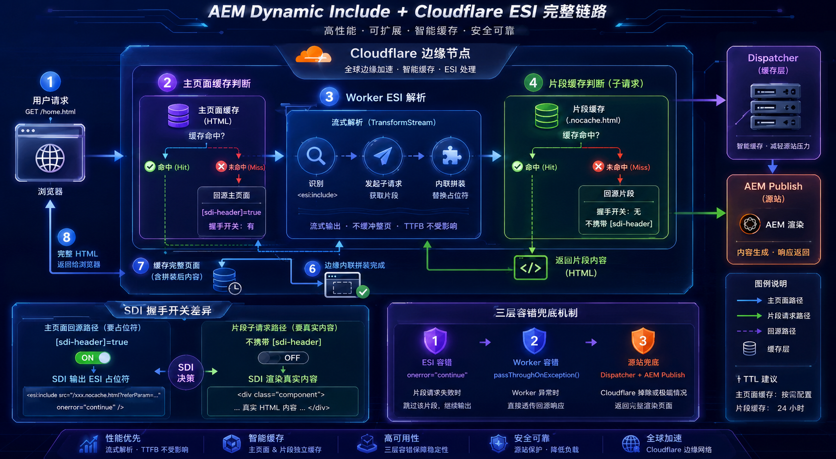 Technical architecture diagram showing AEM, Cloudflare ESI, and dynamic content delivery workflow.
