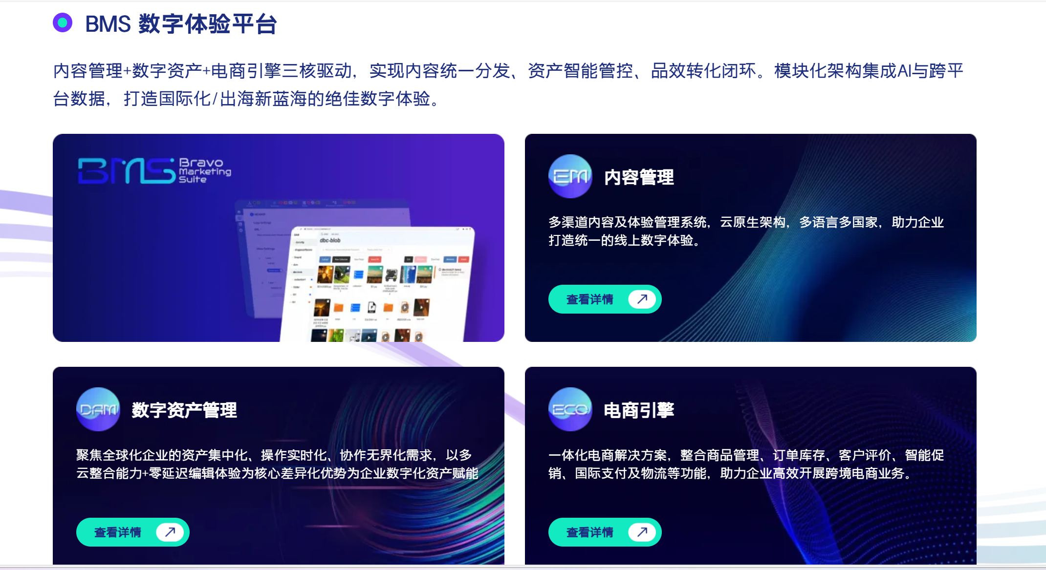 这张图片展示了BMS数字体验平台的三大核心板块