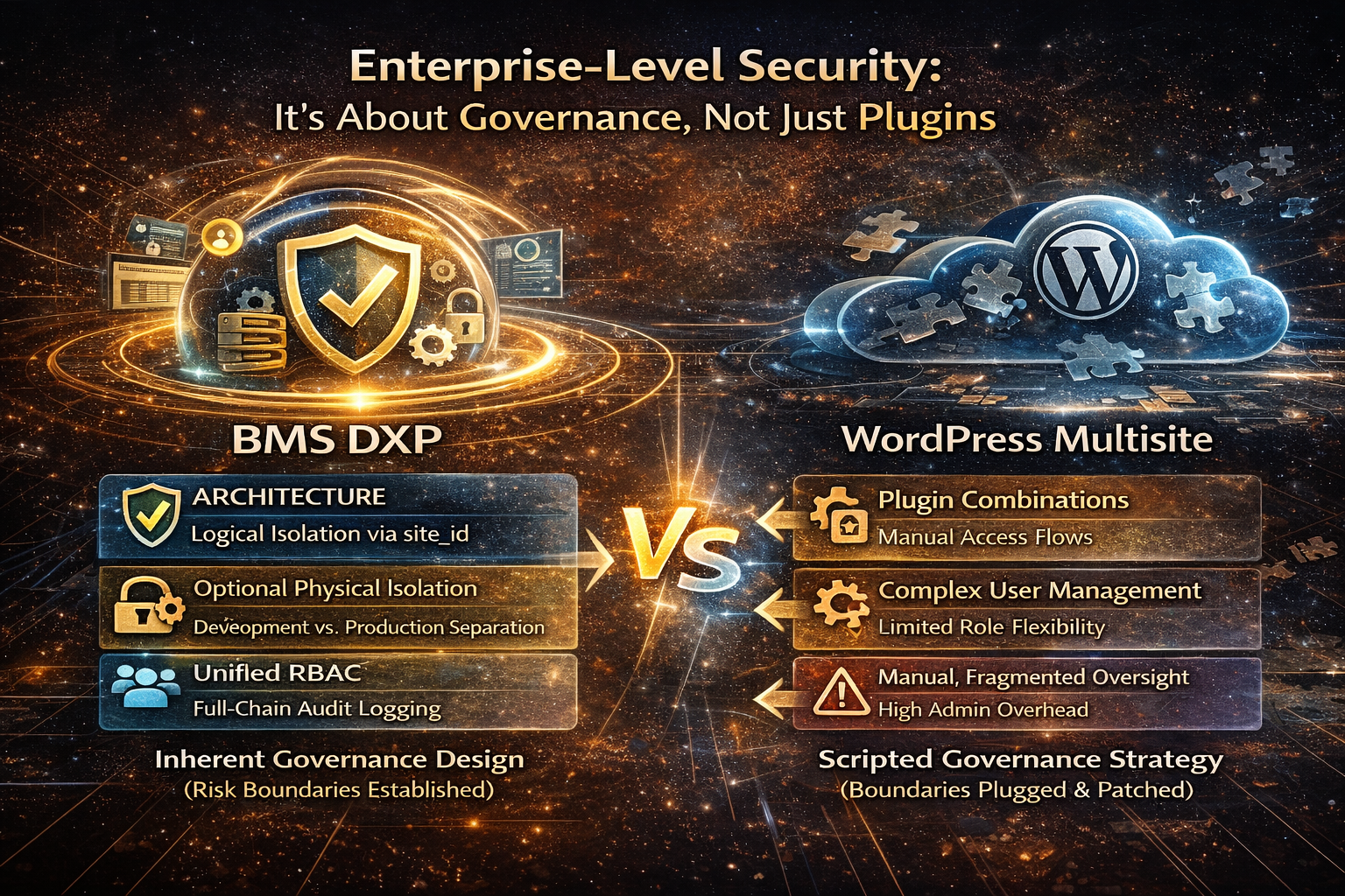 This image illustrates the fundamental comparison between BMS DXP and WordPress Multisite