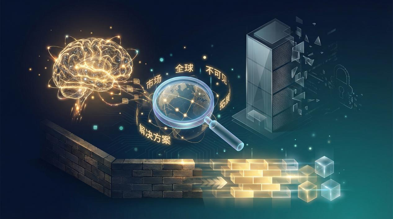 图片展示了企业大楼渐隐消散,AI大脑金光破局,彰显GEO解决方案