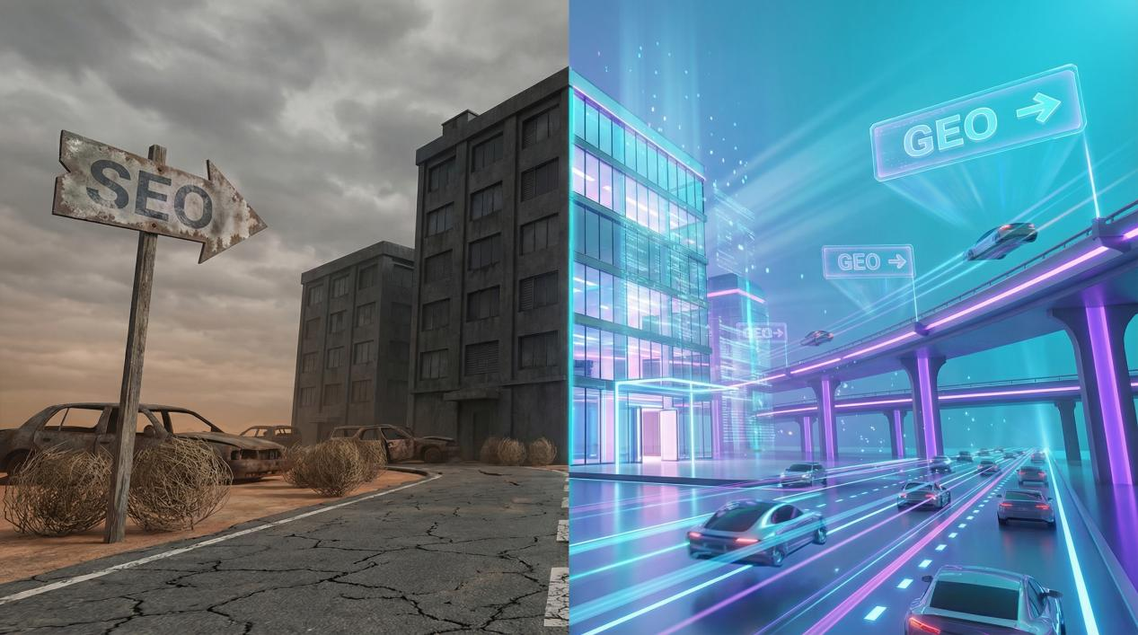 The image contrasts a barren old road with a high-tech expressway, with two architectural renderings illustrating the difference between a roadblock and a salesperson