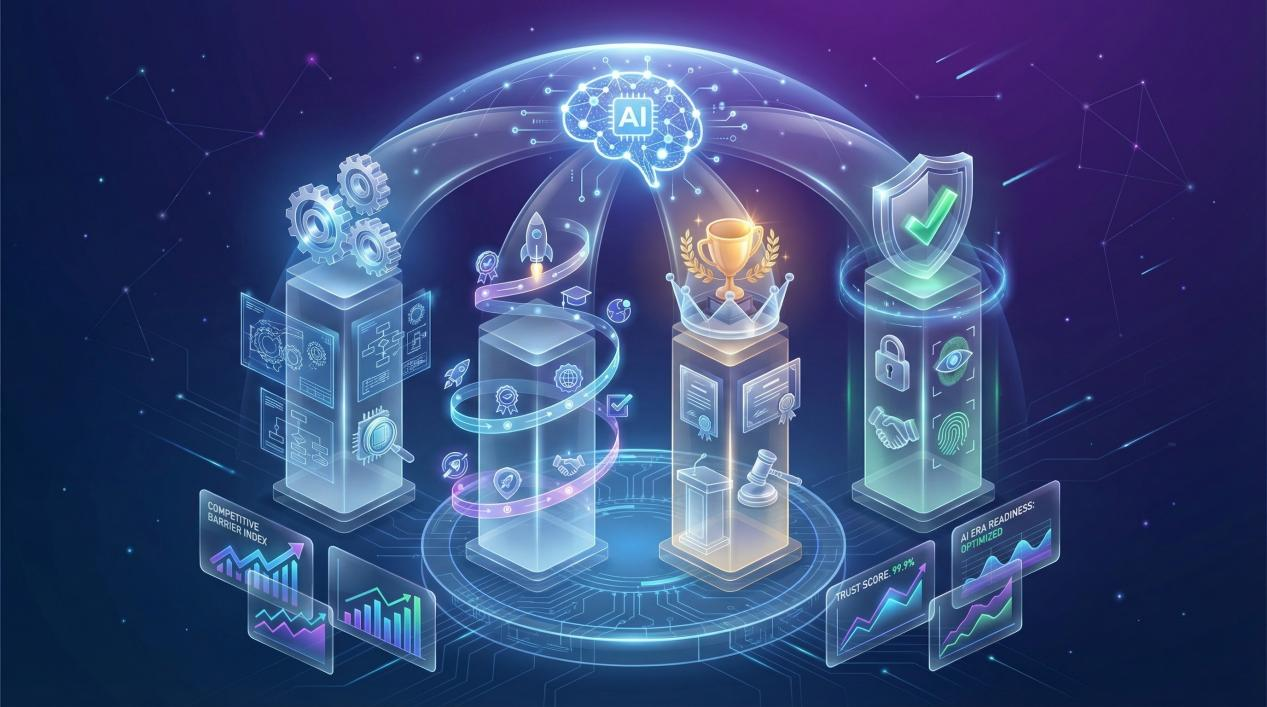 The image depicts four pillars supporting an AI brain, symbolizing how the four EEAT elements fortify the competitive moat