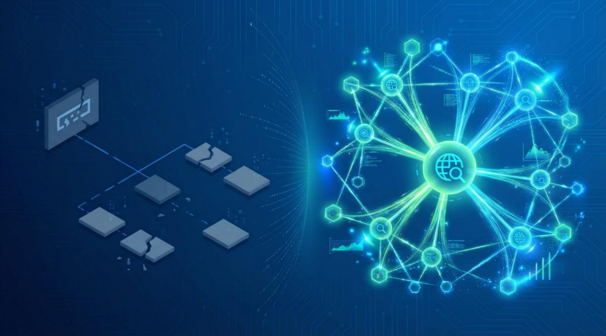 Traditional SEO Linear Structure vs. GEO Query Cluster Architecture: A spider-web-style knowledge graph is AI's underlying citation logic