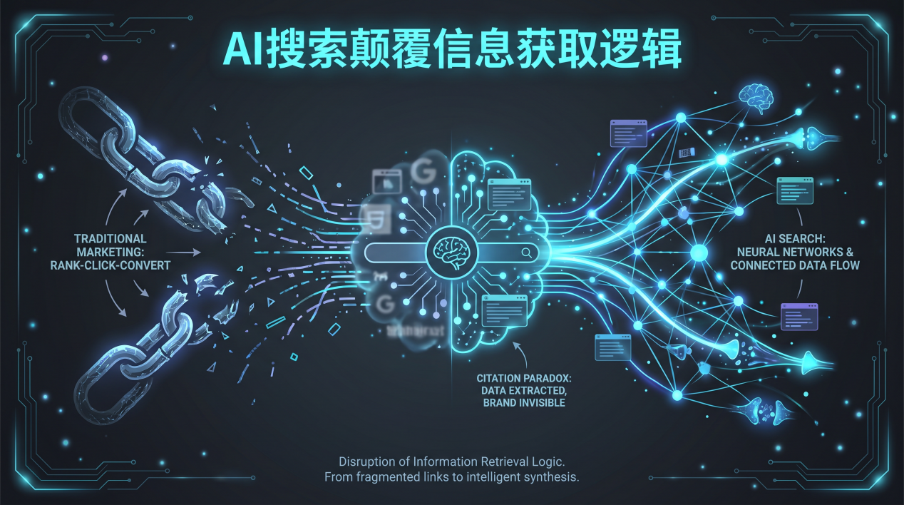 图片展示了传统营销链路断裂与AI数据流动的对比图