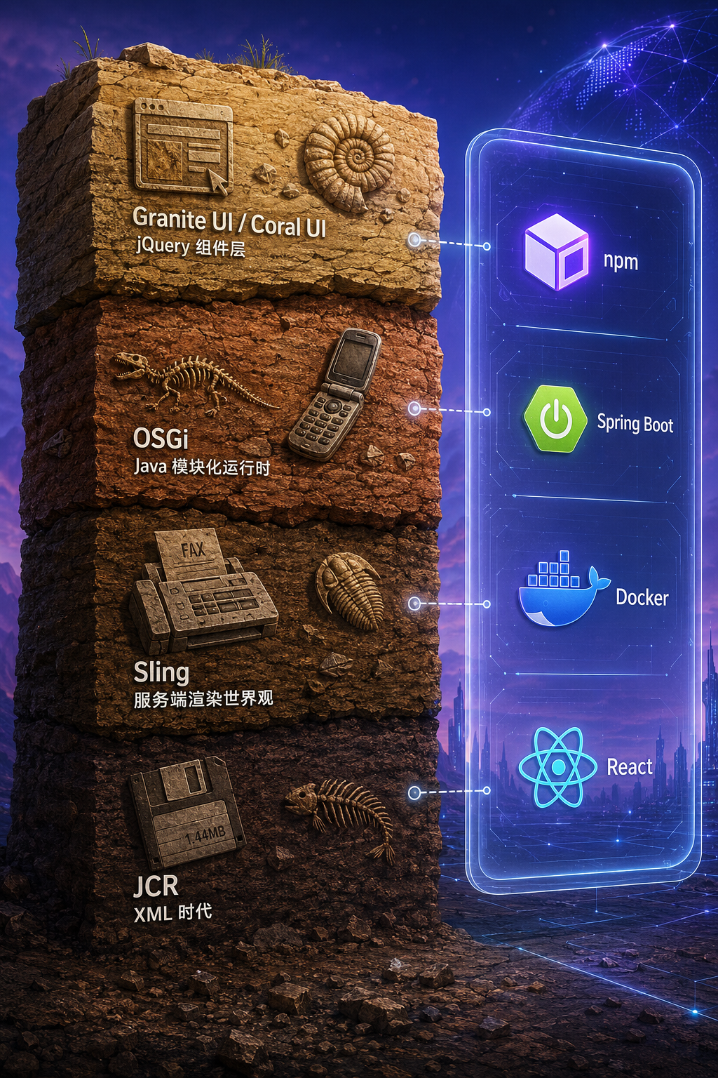 A digital archaeology metaphor showing tech stack evolution from XML era to modern frameworks.