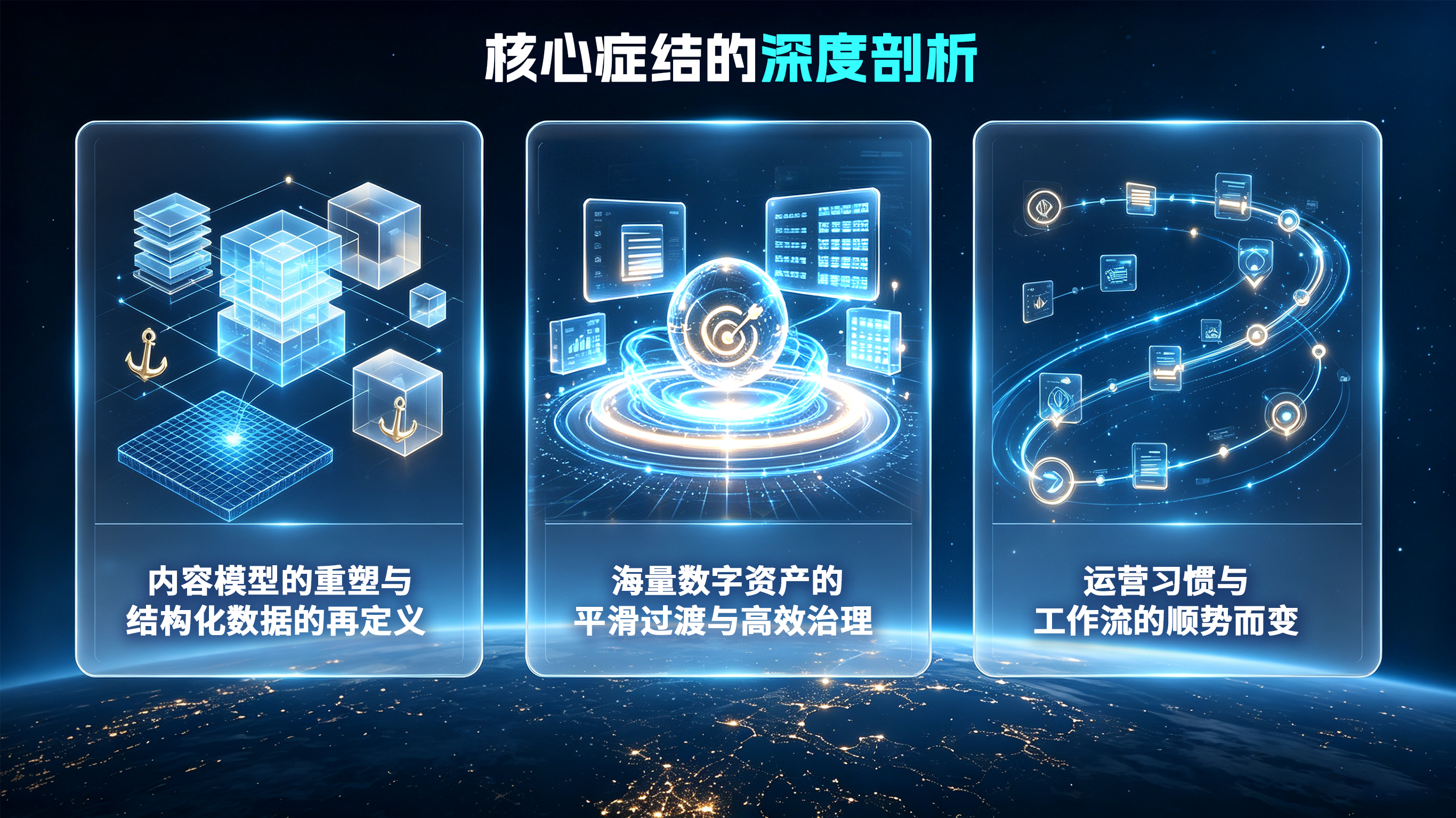 科技感蓝色信息图,展示数据治理三大核心模块,背景为地球夜景。