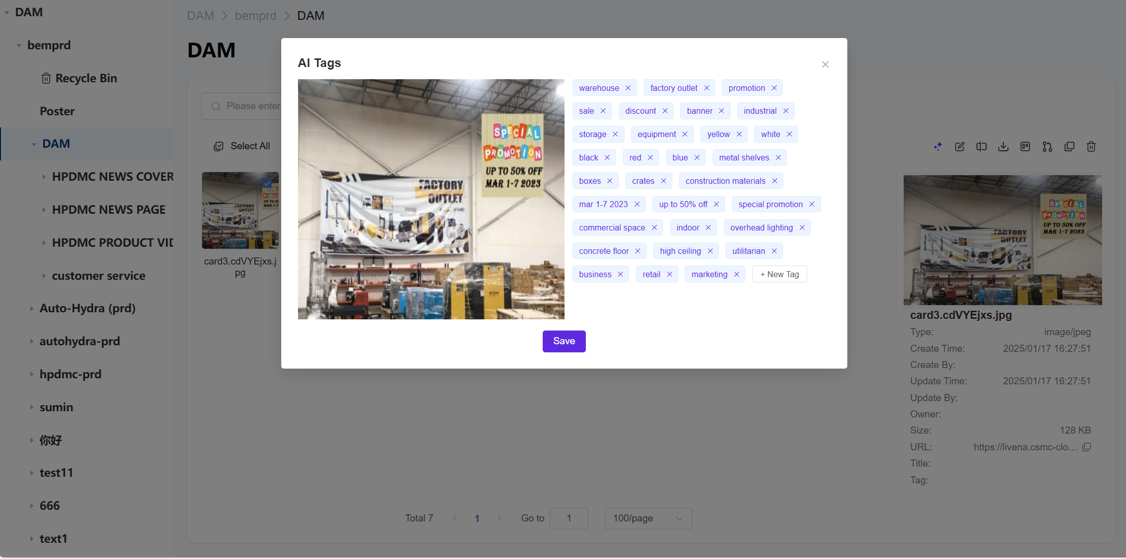 This image shows BMS's AI Tags feature