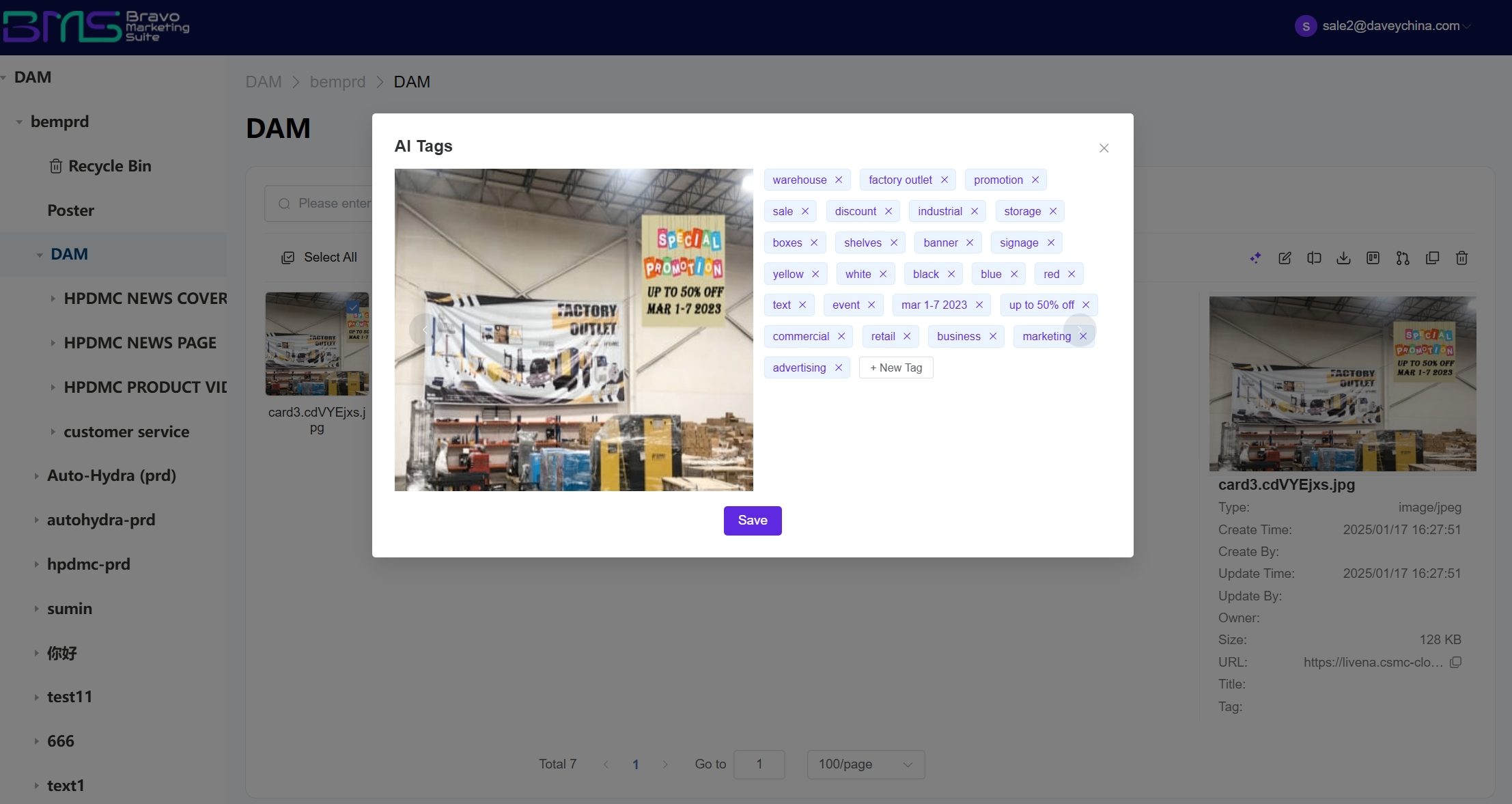 This image showcases DAM's AI tags feature in the digital asset management section