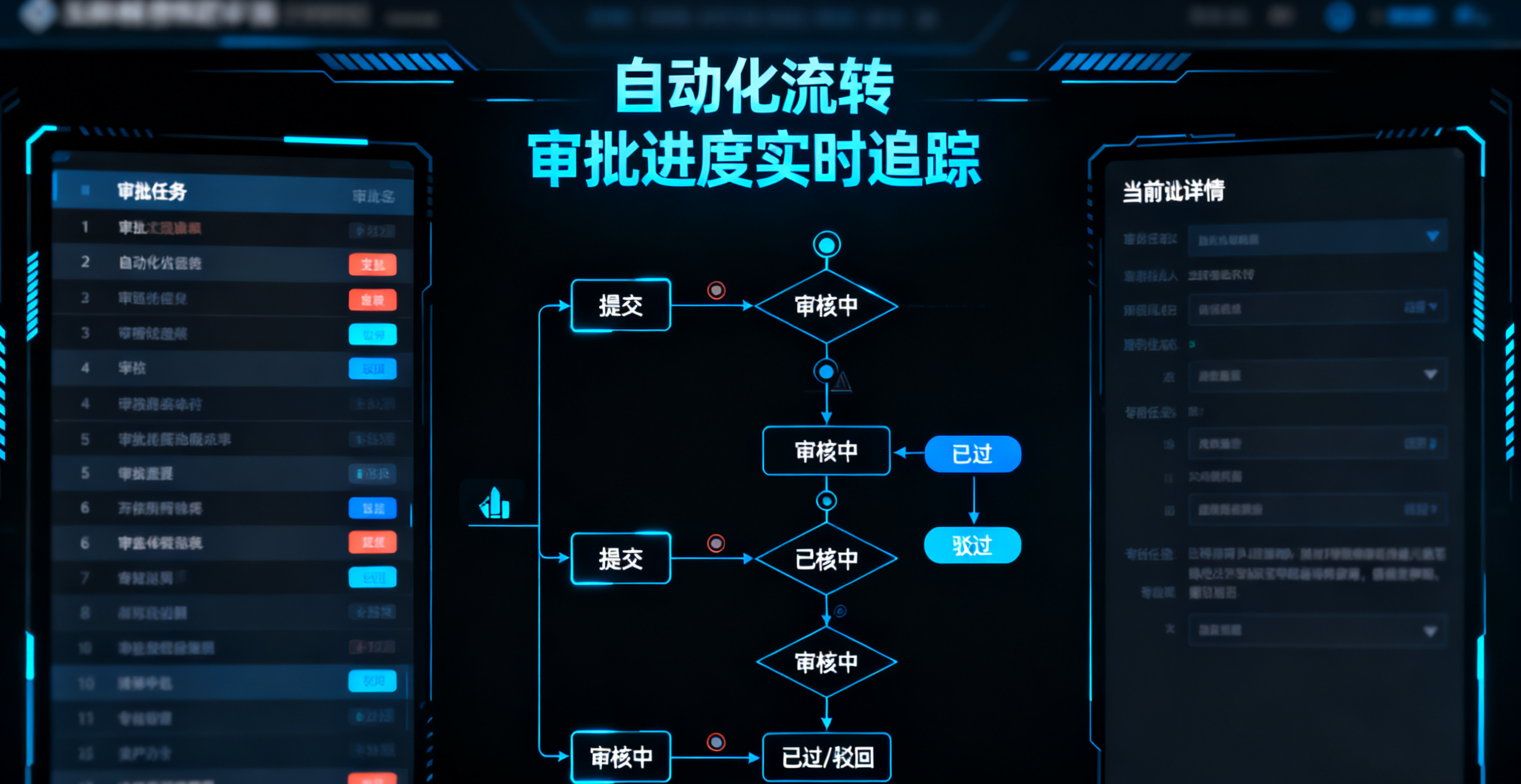 展示了自动化审批流程的科技化界面,通过左侧审批任务列表、中间流程追踪图和右侧详情面板,直观呈现审批的自动化流转与进度实时追踪,体现流程管理的数字化与可视化