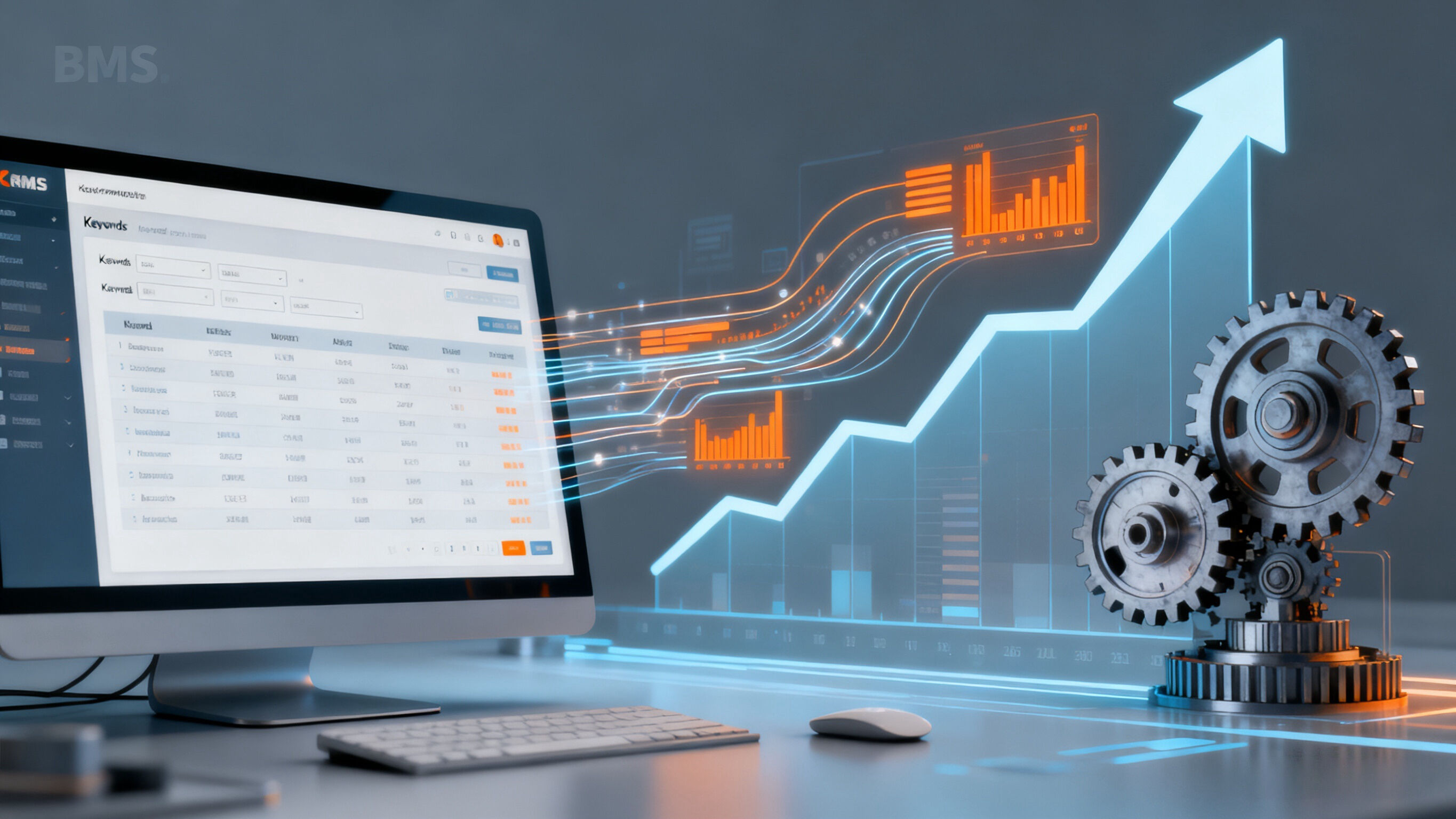 展现科技感场景，电脑显示关键词数据，搭配上升箭头与齿轮，凸显 BMS 在 SEO 与业务增长的助力