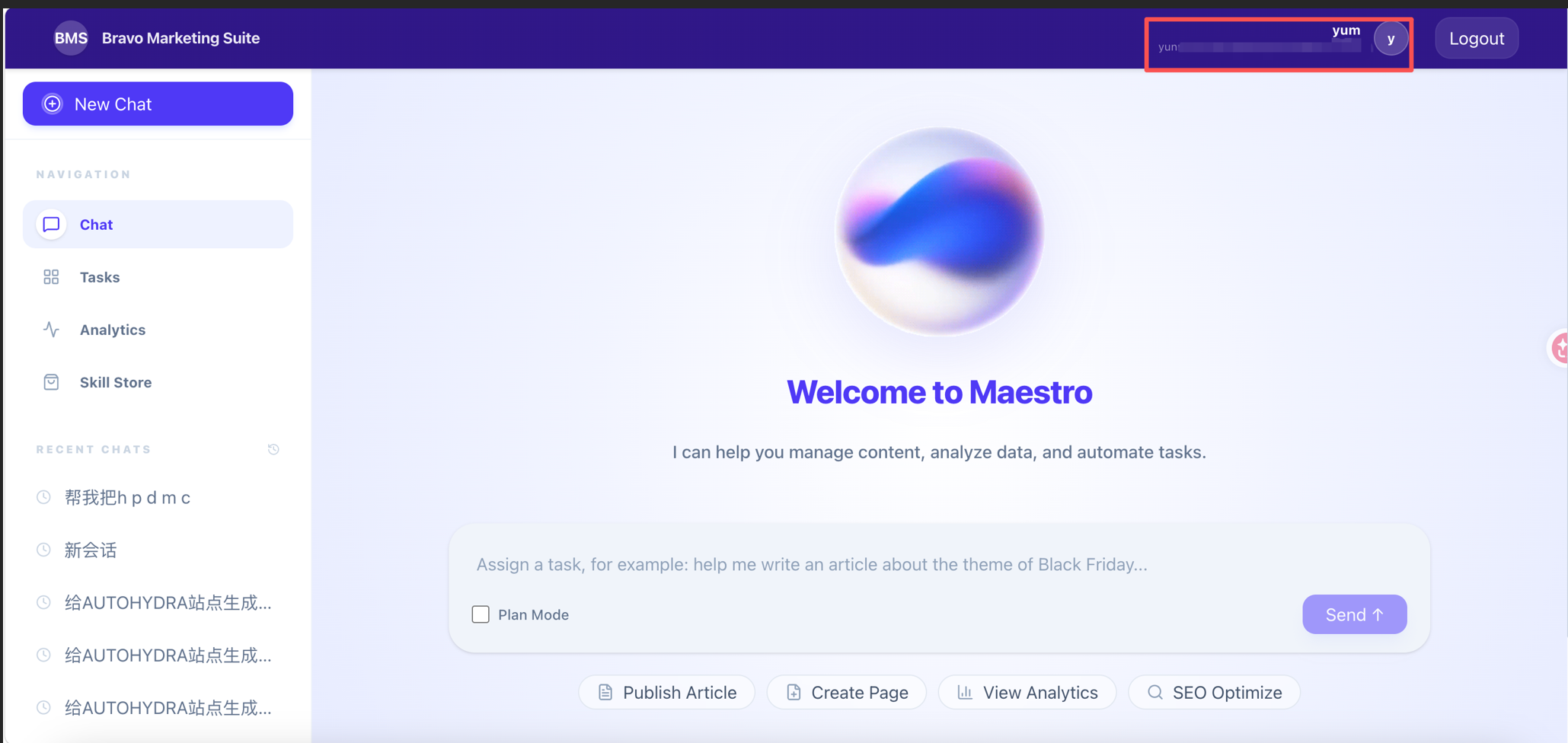 Maestro marketing suite dashboard with purple UI, chat interface, and task automation features.