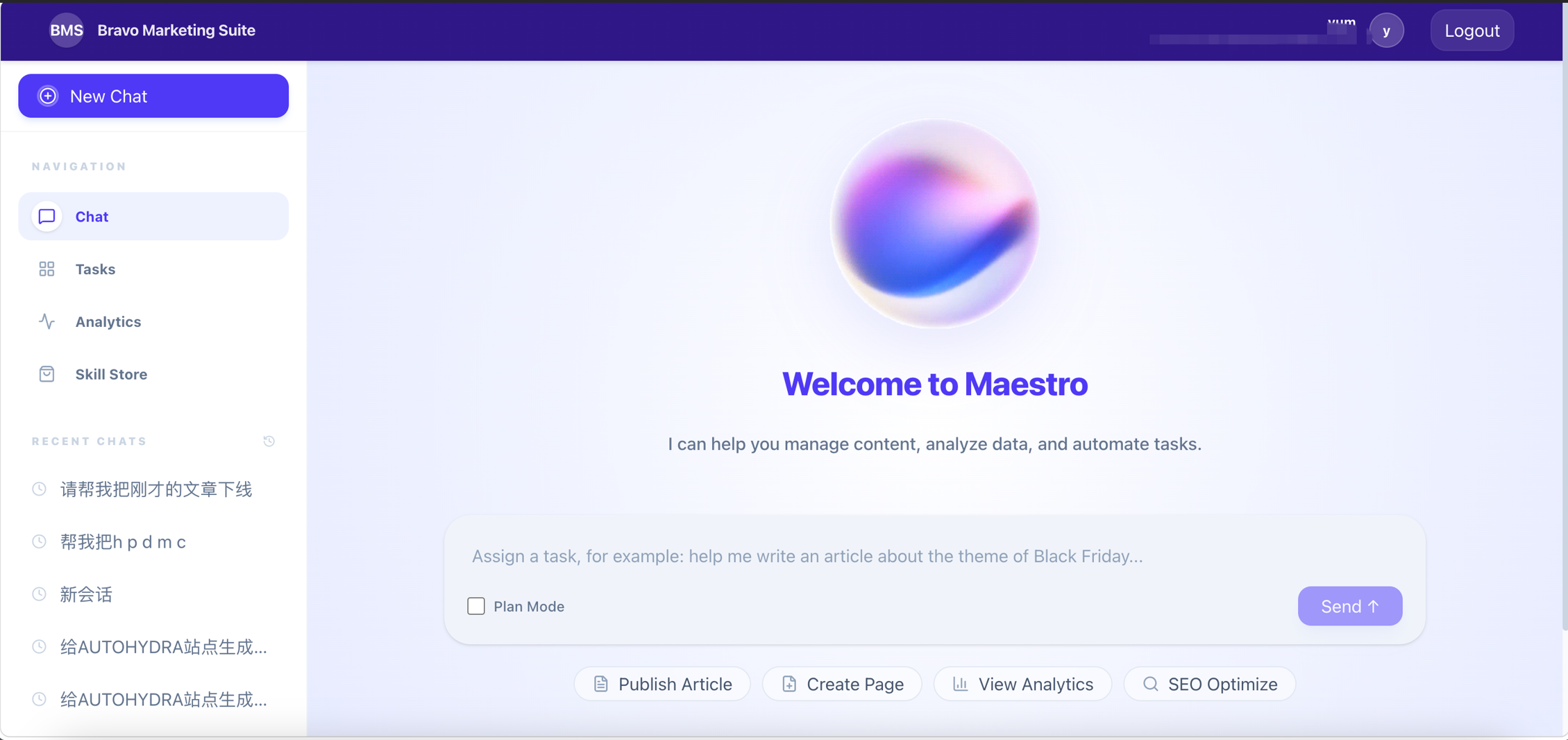 Modern purple-themed SaaS dashboard for Maestro, featuring task automation, content management, and analytics tools.
