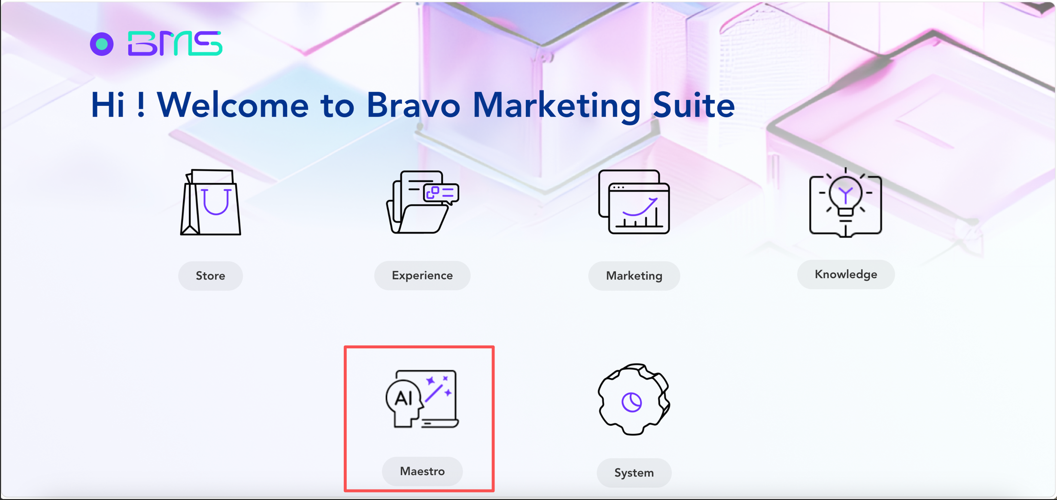 Welcome screen for Bravo Marketing Suite featuring AI-powered Maestro module highlighted.