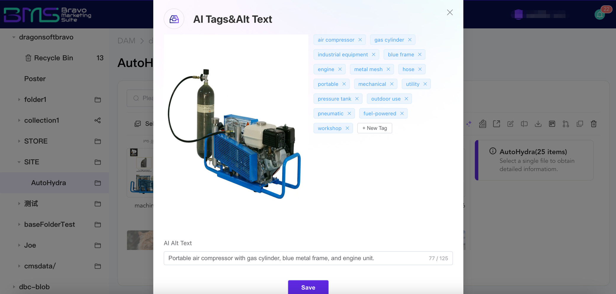 Software interface showing AI tagging of a portable air compressor with gas cylinder and blue metal frame.