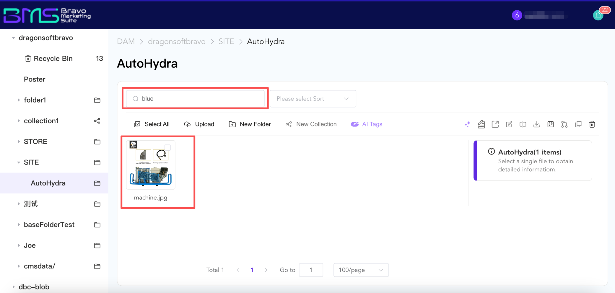 Software dashboard with blue UI, folder sidebar, and image file preview in AutoHydra system.