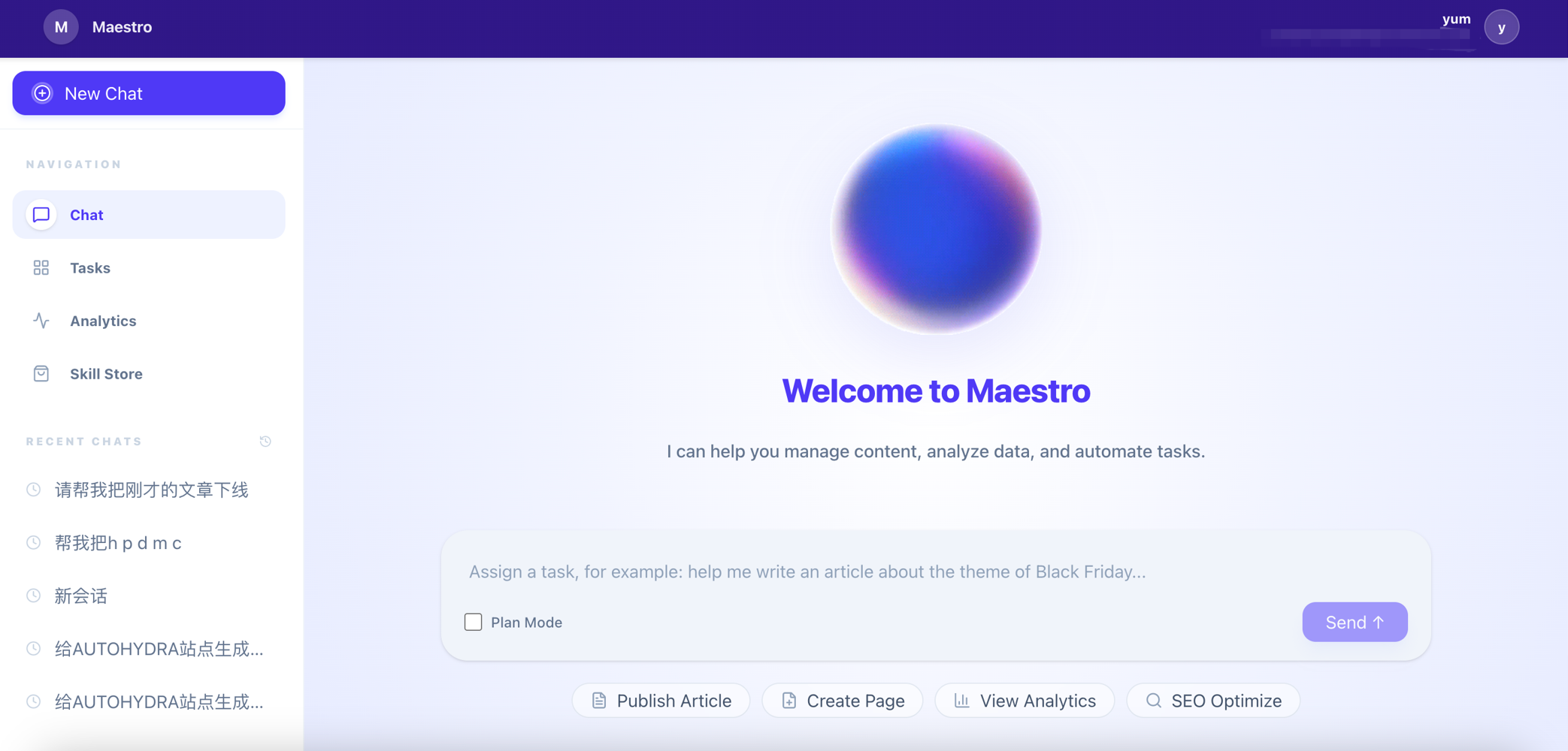 Maestro AI dashboard with purple header, gradient sphere, and task input field.
