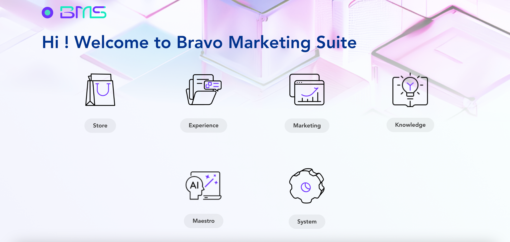Welcome screen for Bravo Marketing Suite with six feature icons on a soft gradient background.