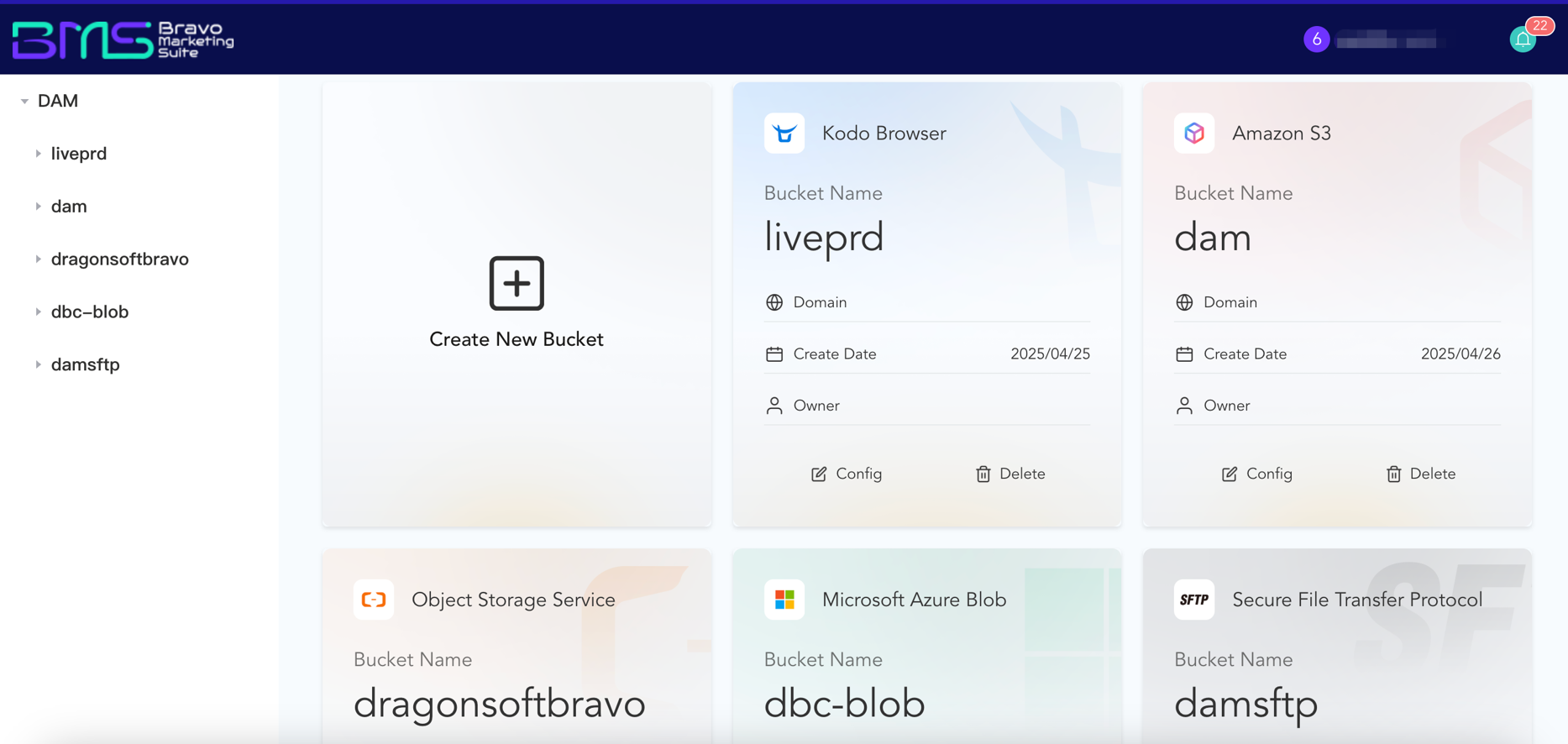 Cloud storage dashboard showing multiple bucket services (Kodo, S3, Azure, SFTP) with names, domains, and actions.