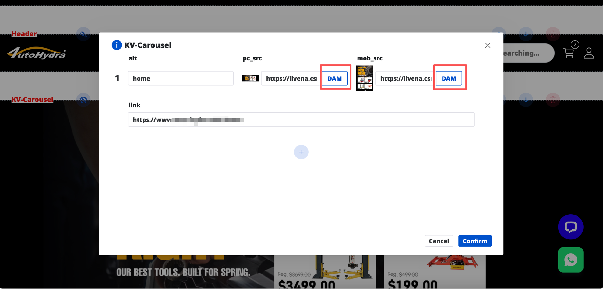 A web modal dialog for KV-Carousel configuration with URL fields, DAM buttons, and confirm/cancel actions.