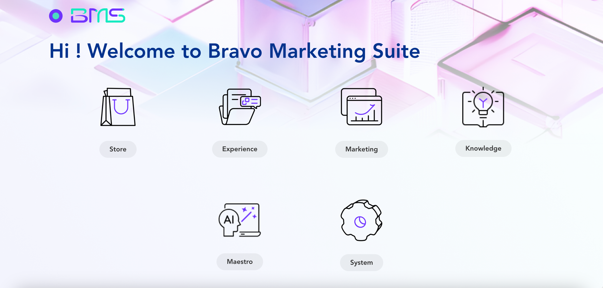 Welcome screen for Bravo Marketing Suite with six feature icons on a soft purple-white gradient background.