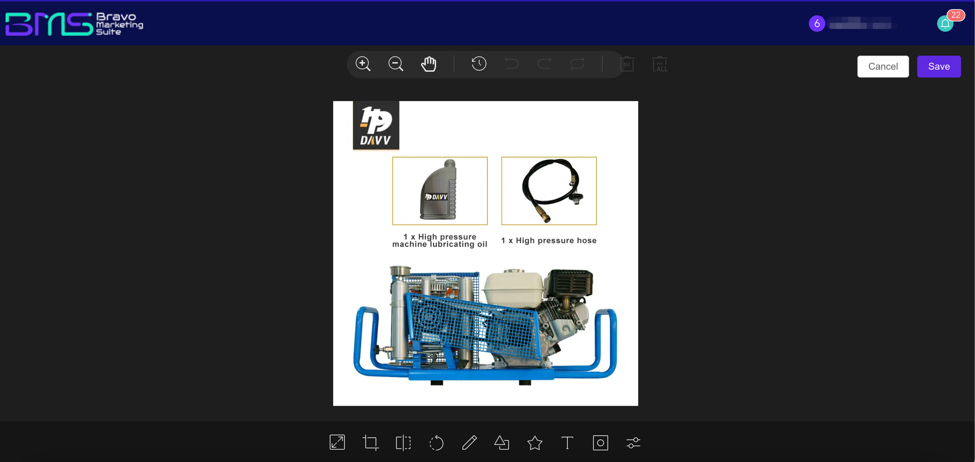 Industrial air compressor with blue frame, high-pressure hose, and lubricating oil shown in product layout.