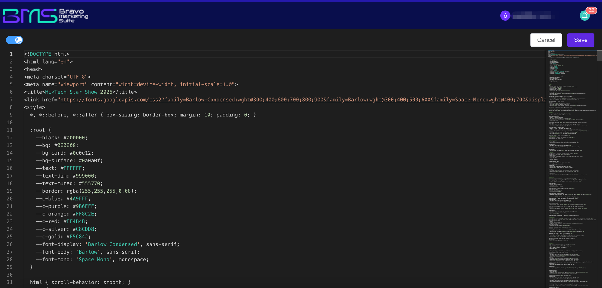 Dark-themed code editor displaying HTML/CSS/JS with syntax highlighting and UI controls.