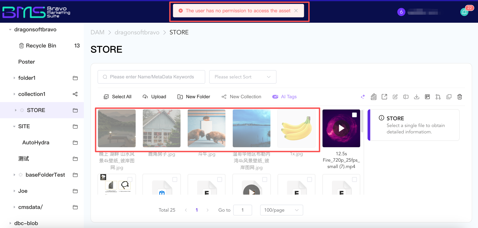Web-based file management dashboard with error message, image thumbnails, and sidebar navigation.