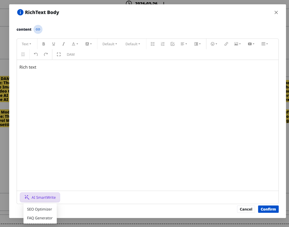 A rich text editor UI with formatting toolbar, AI tools dropdown, and confirm/cancel buttons.