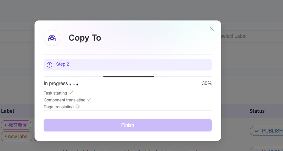 A UI modal showing 'Copy To' progress at 30% with translation steps and a finish button.