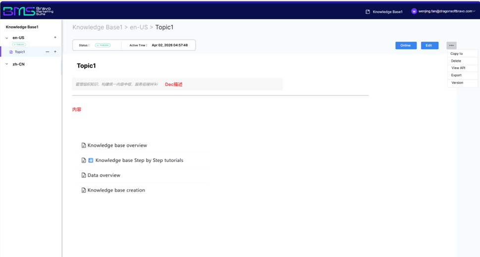 A clean knowledge base web interface showing Topic1 with bilingual (en-CN) navigation, edit controls, and content links.