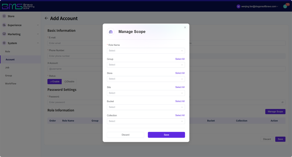 A dark-themed software dashboard with a 'Manage Scope' modal dialog overlay for account role configuration.