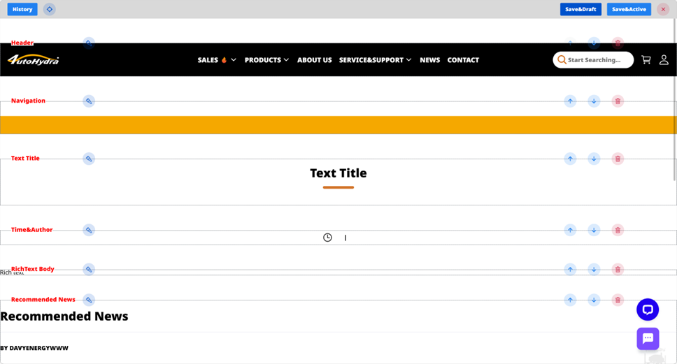 A webpage dashboard UI with black header, orange accent bar, and content sections including title and news placeholders.
