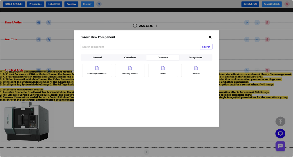 A CMS interface showing a modal for inserting components, with highlighted text and an industrial machine image.