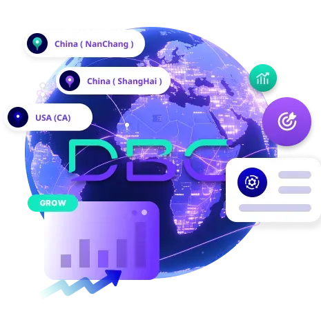 DBC global business layout diagram, marking Nanchang, Shanghai, USA (CA) nodes, with growth charts, showing brand globalization development.