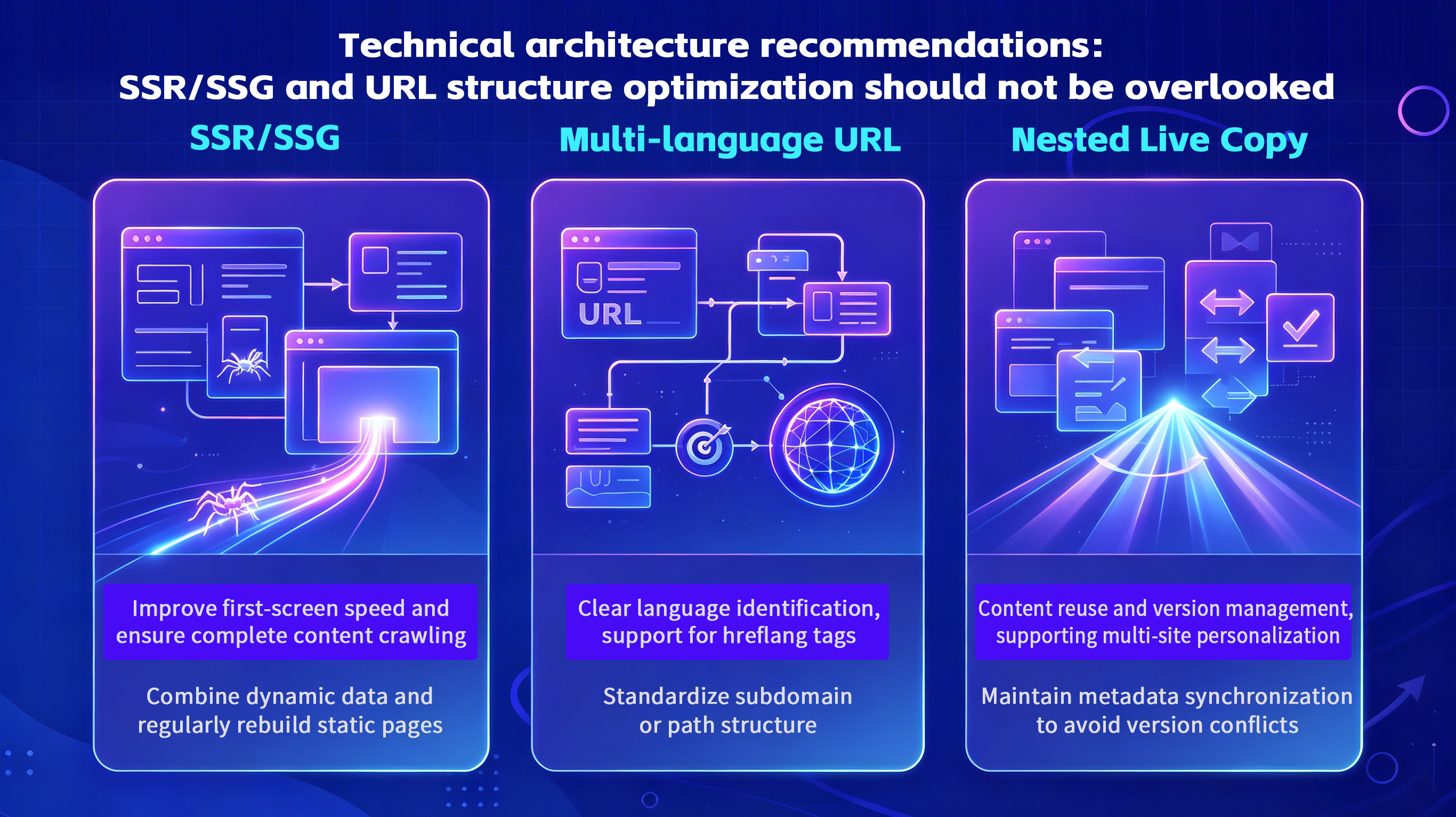Infographic on technical web architecture recommendations for SSR/SSG, multi-language URLs, and nested live copy.