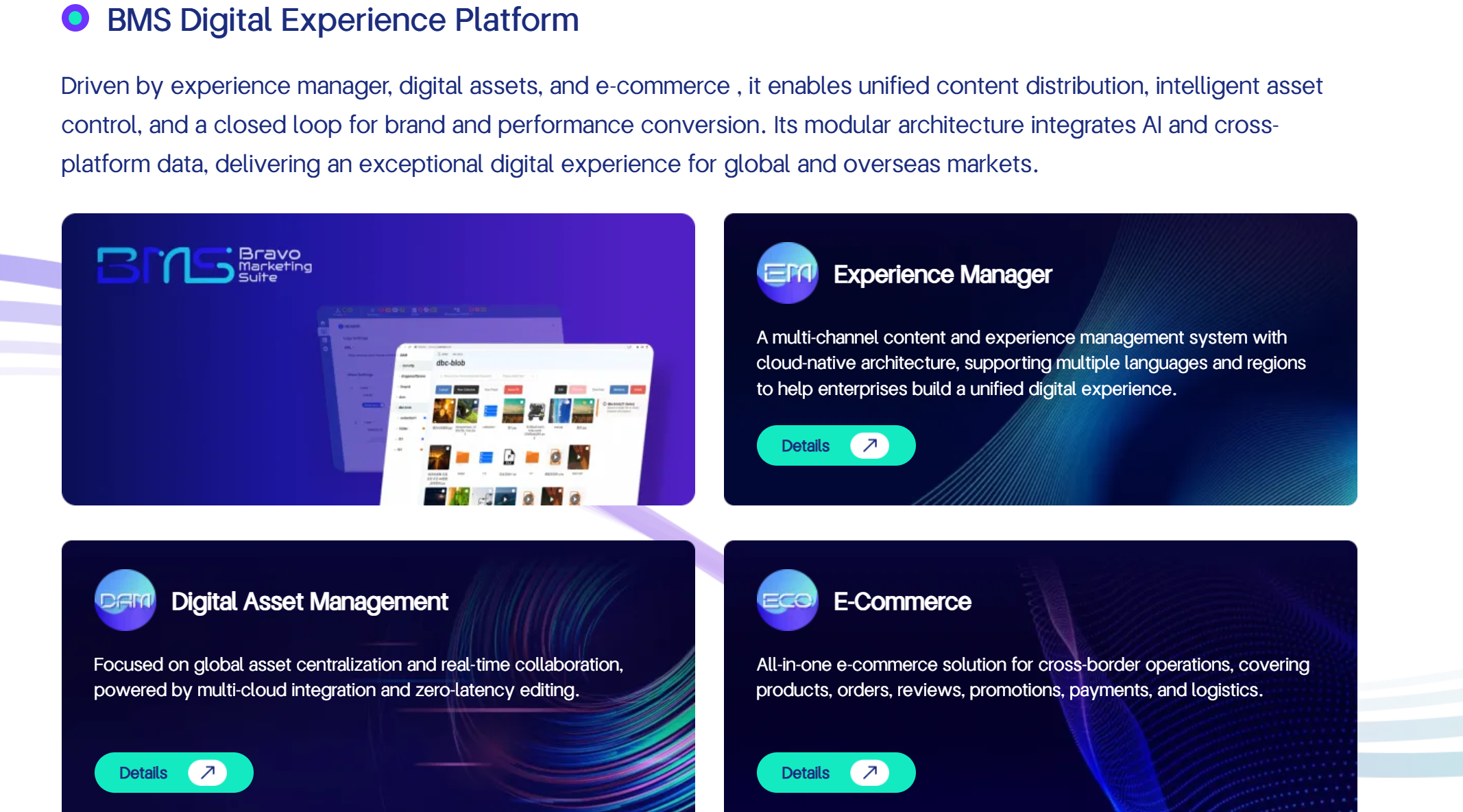 This image presents the three core modules of BMS DXP.