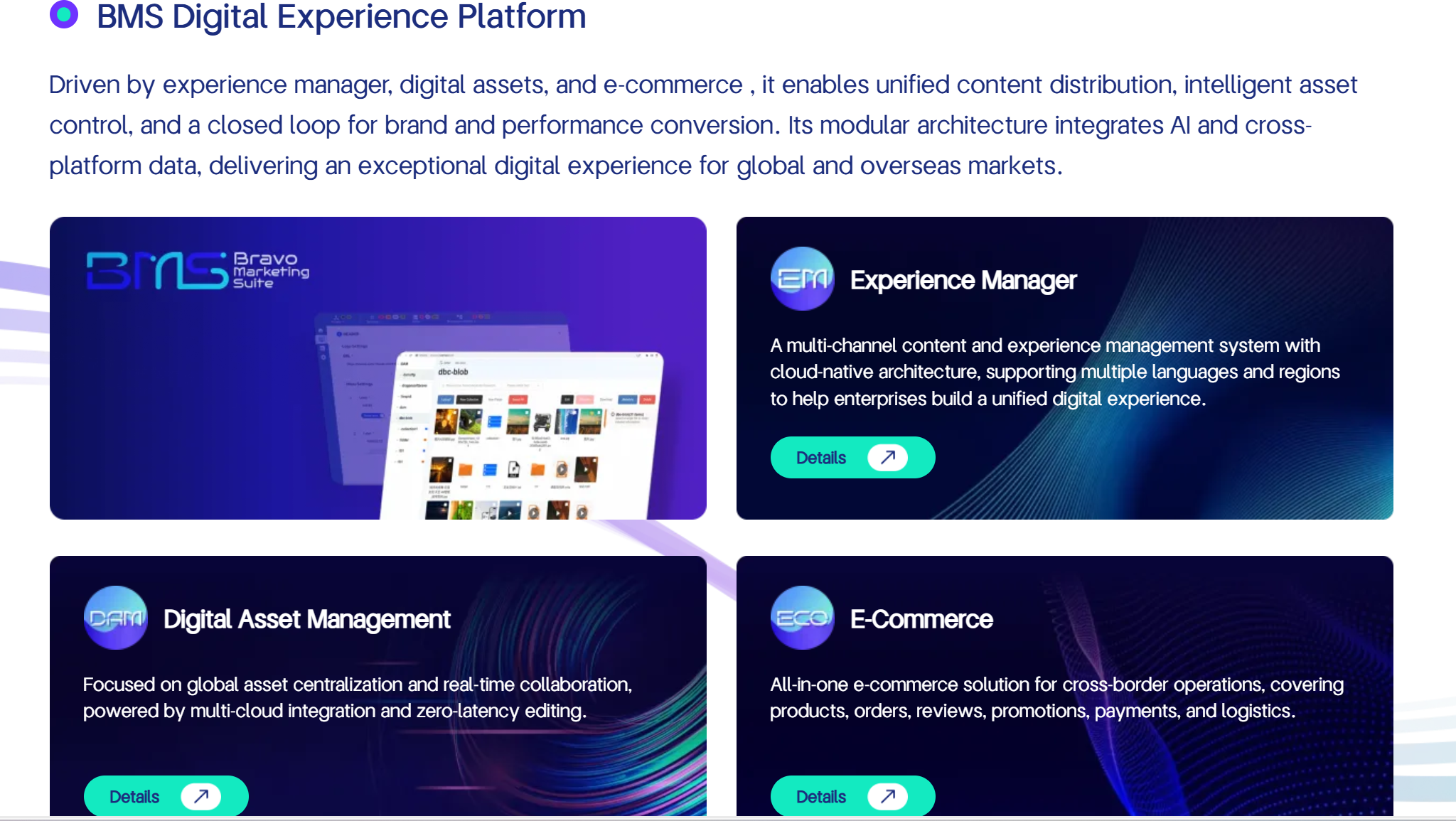 This image illustrates the three core modules of the BMS Digital Experience Platform.