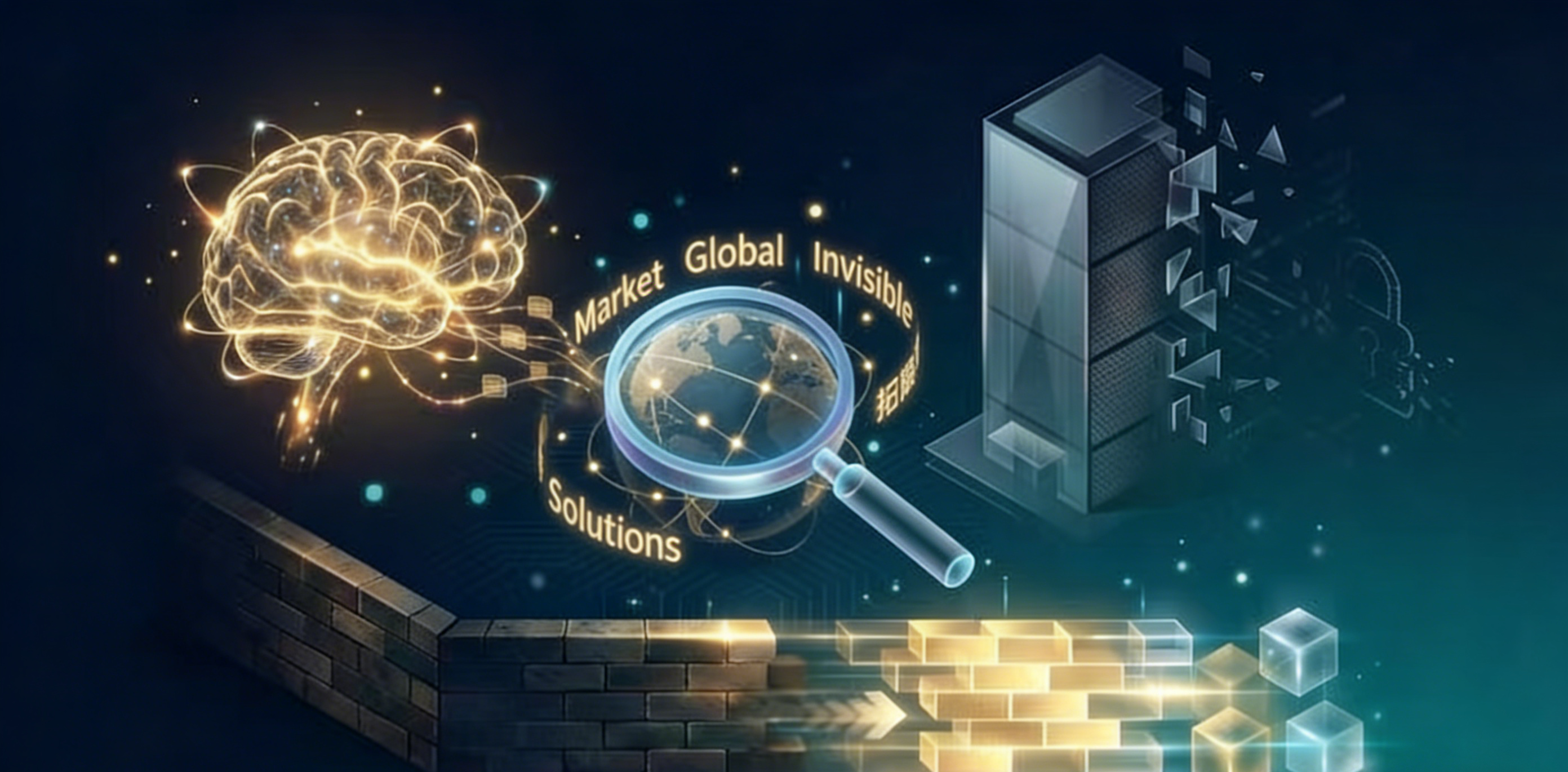 The image illustrates a corporate building gradually fading away, while a golden-lit AI brain breaks through—symbolizing the GEO solution