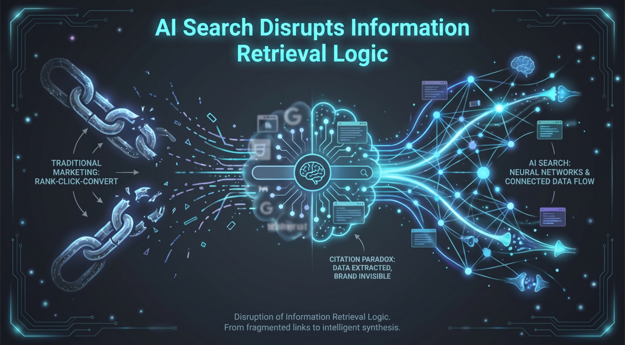 The image shows a comparison of the broken traditional marketing chain and the flow of AI data