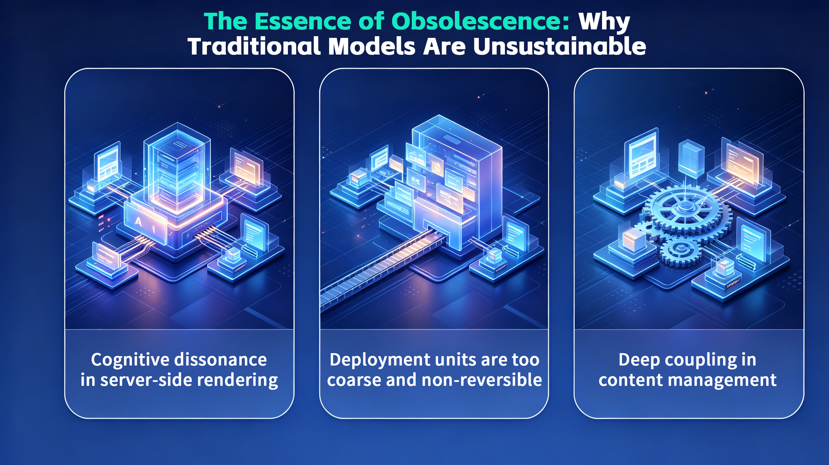 Infographic on obsolescence in traditional tech models, showing server rendering, deployment issues, and content coupling.