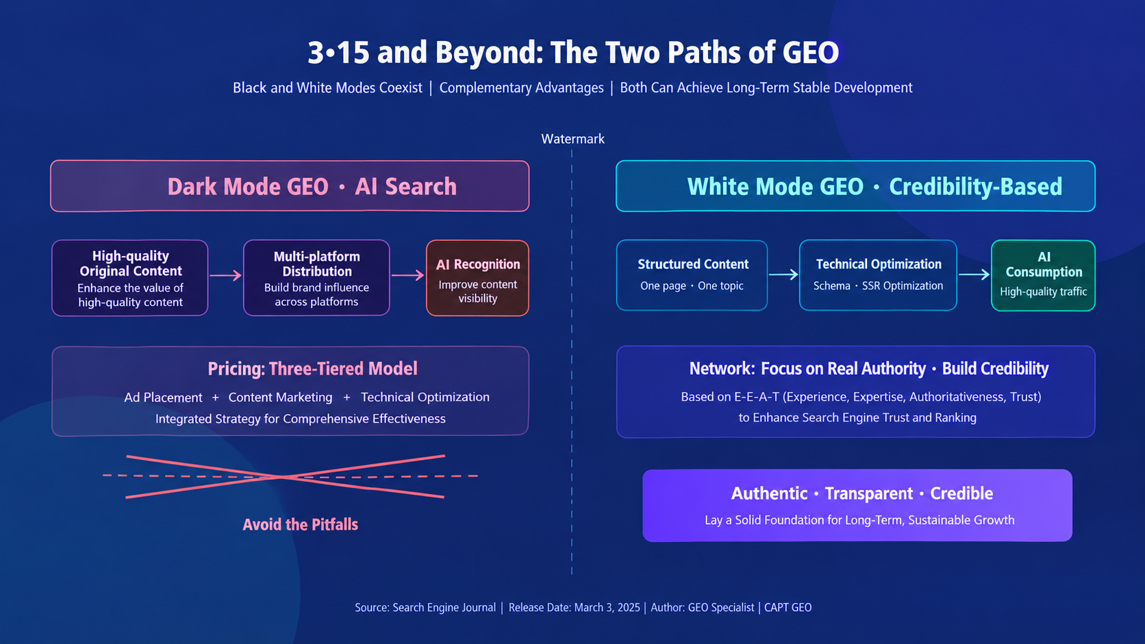 对比Dark Mode与White Mode GEO模型的路径图,强调AI搜索与可信度构建。