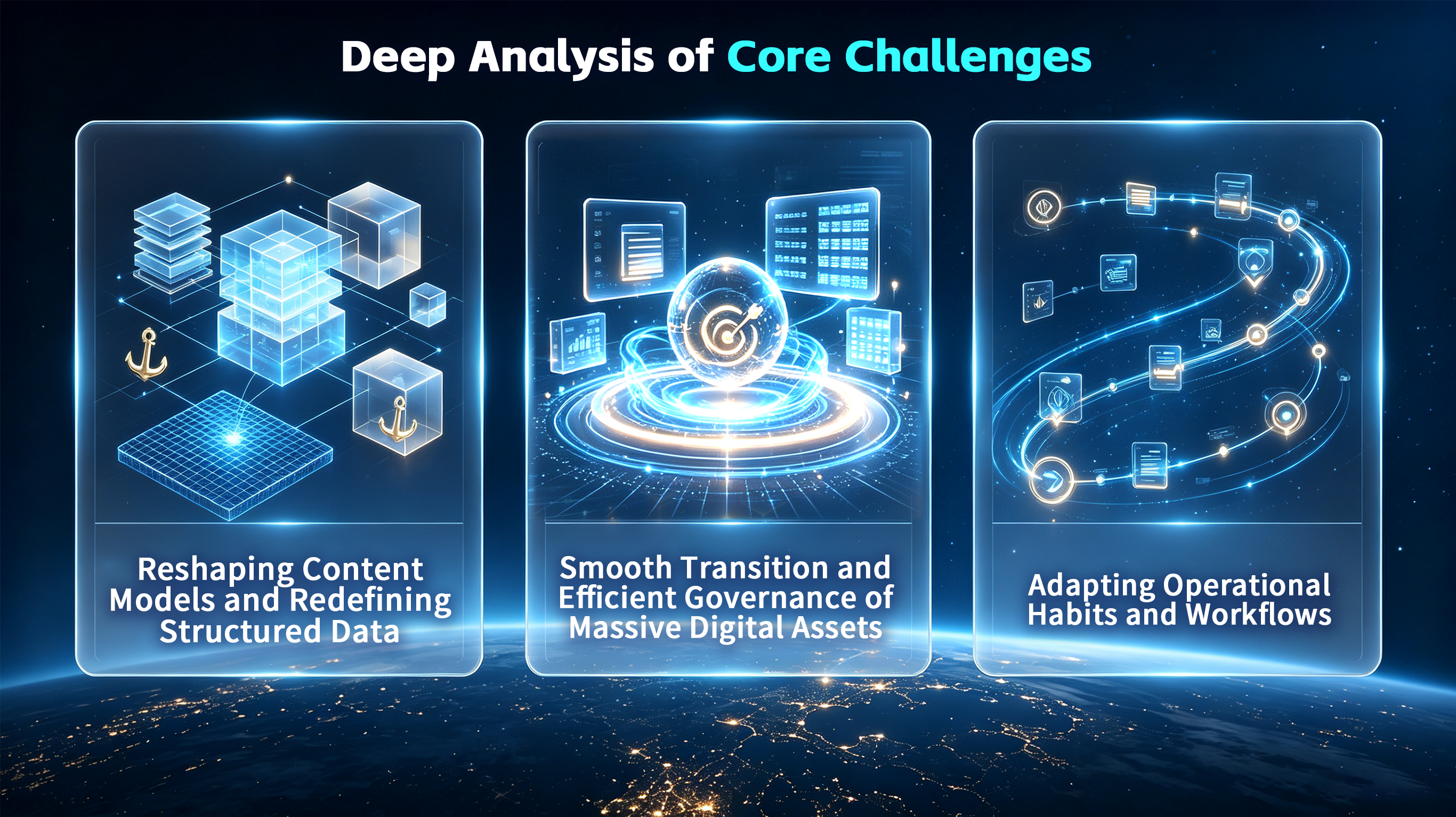 Futuristic infographic showing three core digital challenges with glowing blue holographic panels over Earth at night.