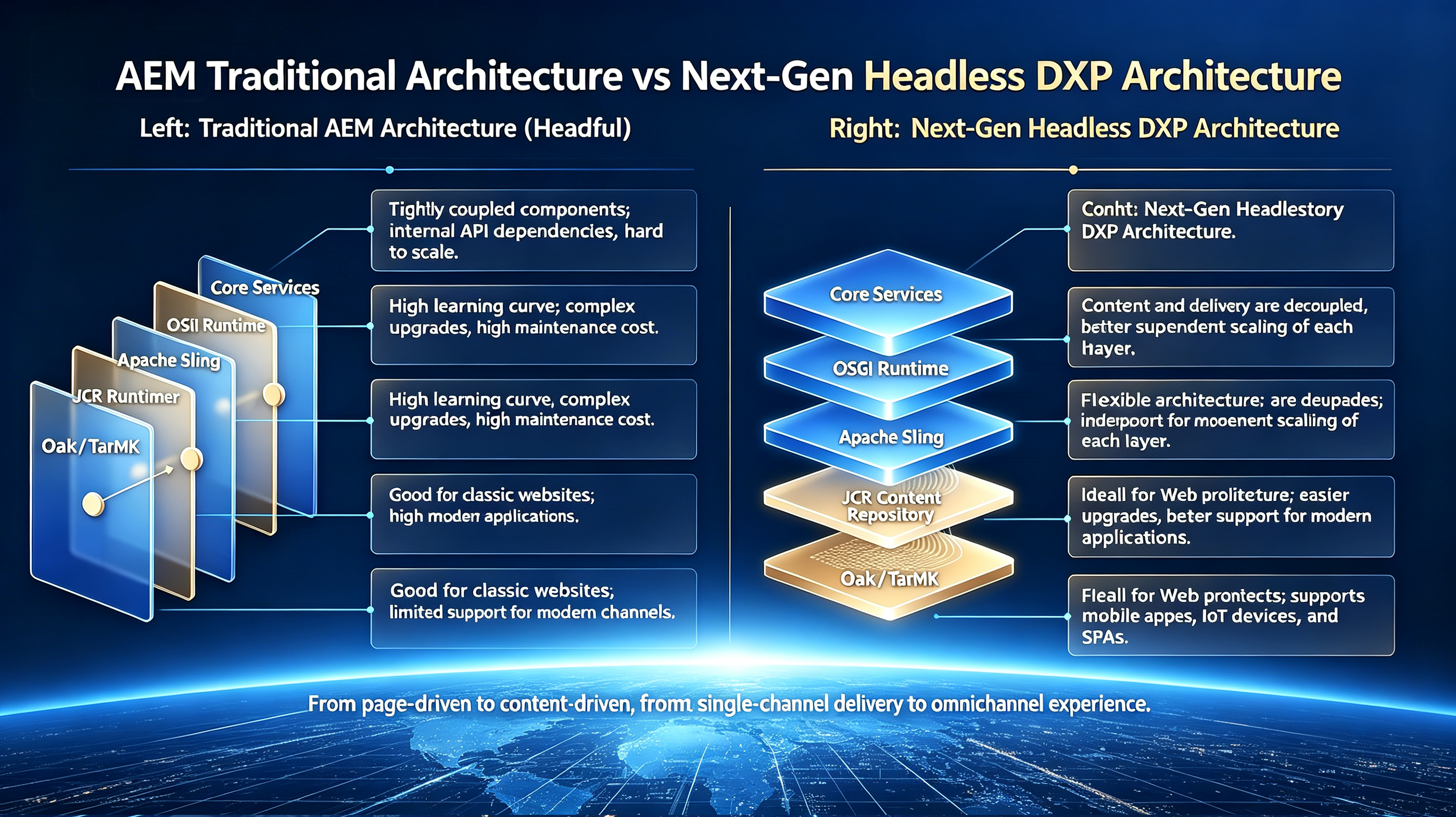 Comparison diagram of traditional AEM headful vs. next-gen headless DXP architecture.