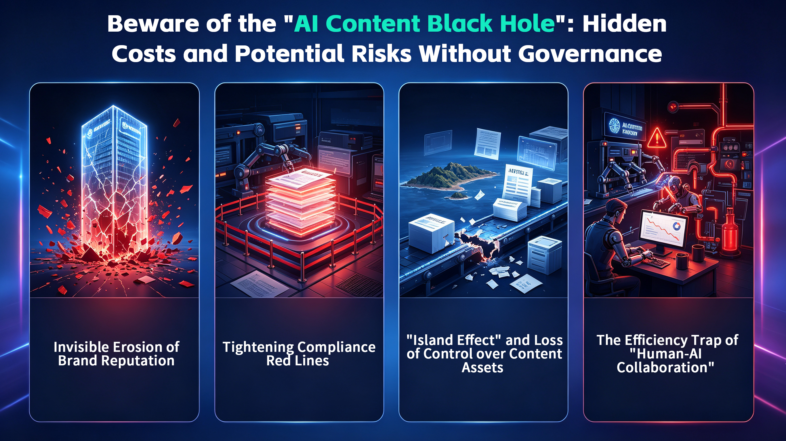 Infographic warning about hidden risks of AI-generated content without governance, using futuristic visuals .