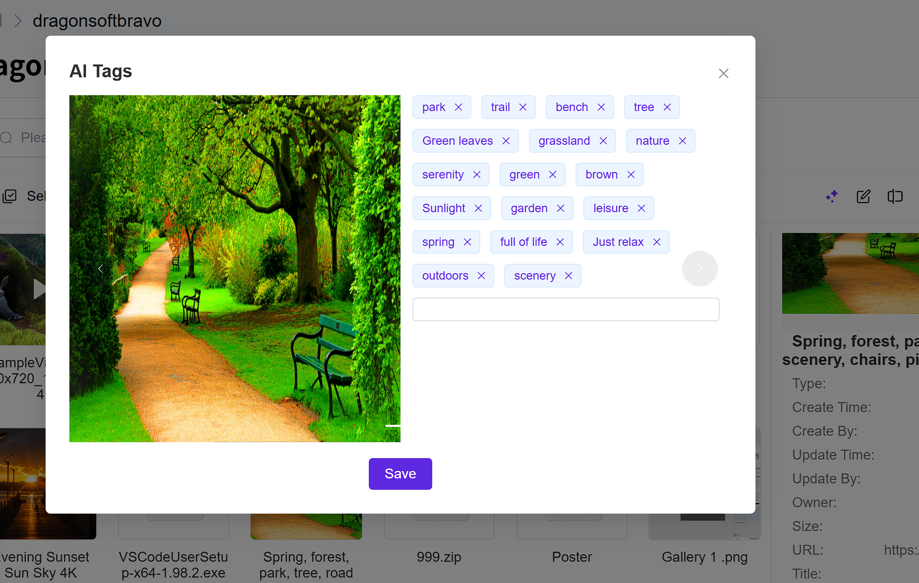 This is a software interface showing a picture of a park path. On the right side, there are AI - generated tags such as 