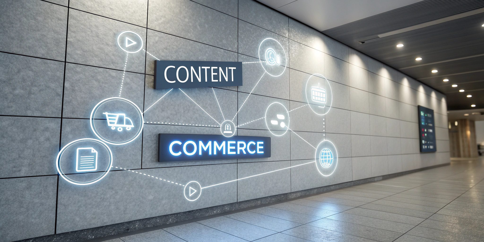 Content and Commerce modules connected by glowing lines to payment, shipping, and other icons on a unified dashboard
