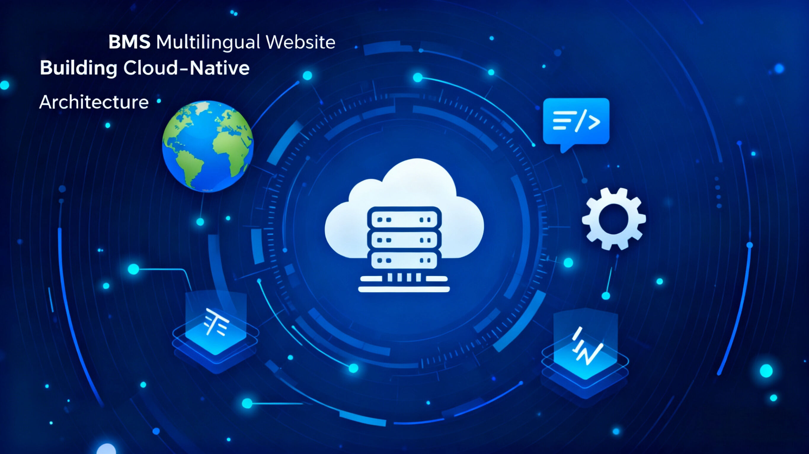 Blue tech style with Earth and cloud servers, showcasing BMS’s cloud-native multilingual website building.