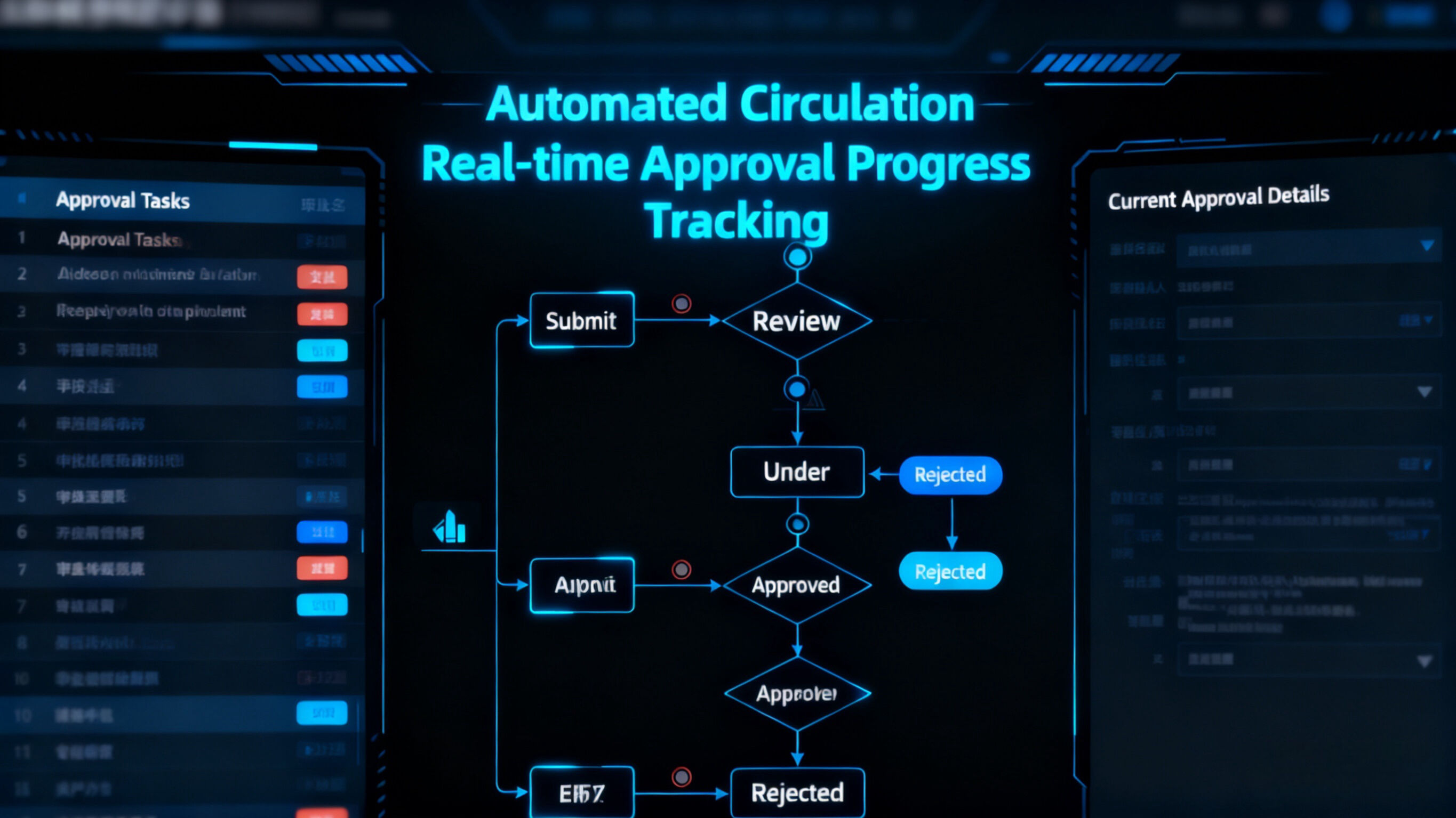 It displays the technological interface of the automated approval workflow. Through the approval task list on the left, the process tracking chart in the middle and the detail panel on the right, it intuitively presents the automated flow of approvals and real-time tracking of progress, reflecting the digitalization and visualization of process management.