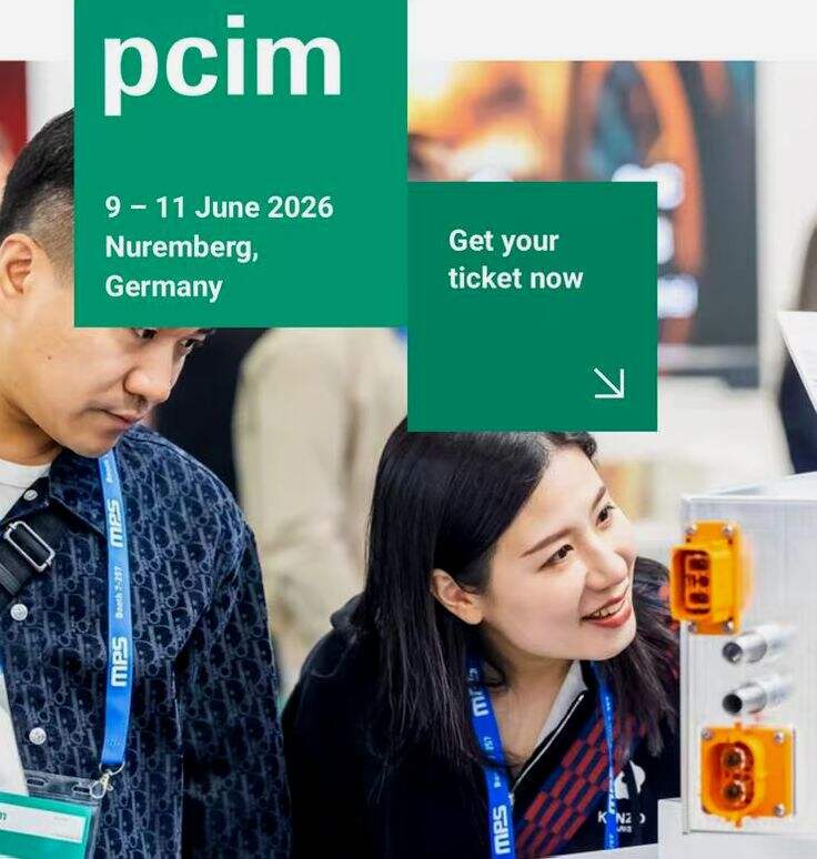 Two attendees at PCIM 2026 in Nuremberg, Germany, examining equipment; green banners promote the event and ticket purchase.